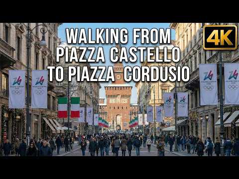 Walking in Milan from Piazza Castello to Piazza Cordusio and Via Dante during Olympic Games 4K