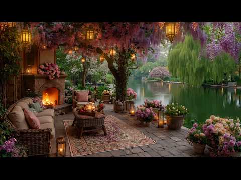 Warm Spring Balcony Ambience by the Lake 🌸 | Soft Piano  & Crackling Fireplace Sounds for  Focus