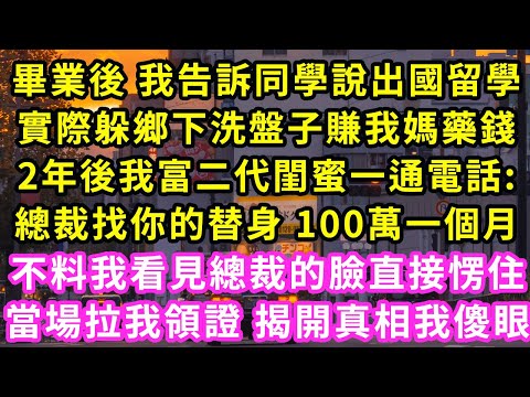 畢業後 我告訴同學說出國留學，實際躲鄉下洗盤子賺我媽藥錢，2年後我富二代閨蜜一通電話，總裁找你的替身 100萬一個月，不料我看見總裁的臉直接愣住，當場拉我領證 揭開真相我傻眼#甜寵#灰姑娘#霸道總裁