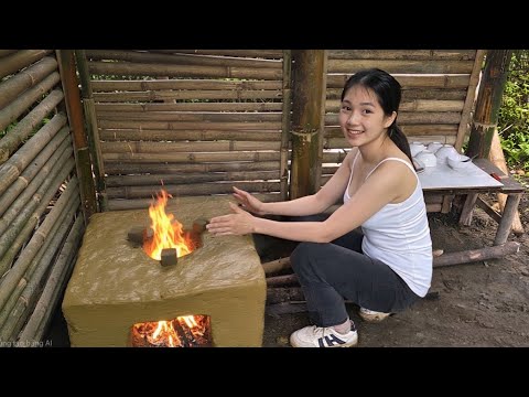The girl left the city to live in the forest, building her own stove to cook in harmony with nature.