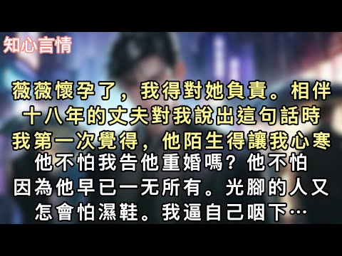 薇薇懷孕了，我得對她負責。相伴十八年的丈夫對我說出這句話時。我第⼀次覺得，他陌⽣得讓我心寒。他不怕我告他重婚嗎？他不怕。因為他早已⼀⽆所有…#一口氣看完 #追妻火葬場 #小說 #言情 
