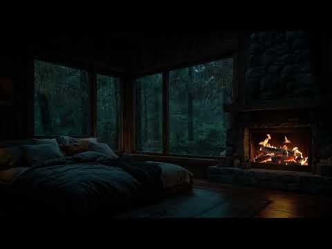 Rain Falling Outside a Cozy Forest Room 🔥 Soft Fireplace & Rain Sounds for Deep Rest