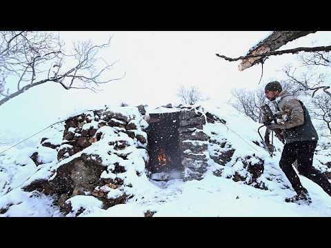 WİNTER SURVIVAL SHELTER CAMPİNG in a SNOWSTORM, Nature Documentary, Wilderness Cooking, ASMR, DIY