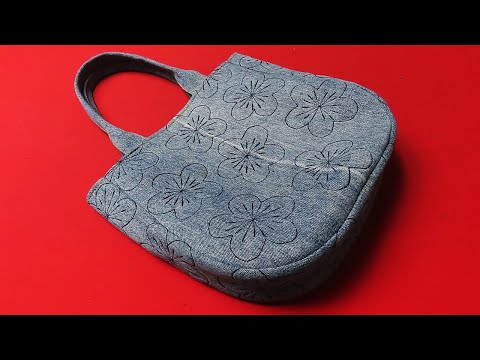 DIY: A "surprise" idea to make a tote bag using "stitches" from "old jeans"!/flower stitch tote b...