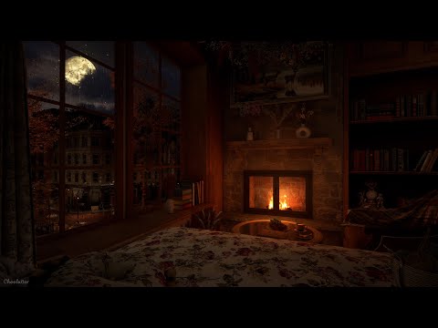 Cozy Study on a Rainy Autumn Night | Rain, Rain On Window, Crackling Fire, Crickets Sounds