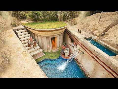 100 Days Building A Modern Underground Hut With A Grass Roof and a Swimming Pool