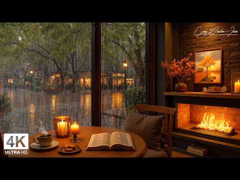 Relaxing Café Rain Ambience ☕🌧️ Gentle Jazz Vibes & Fireplace Sounds for Peaceful Chill Moments