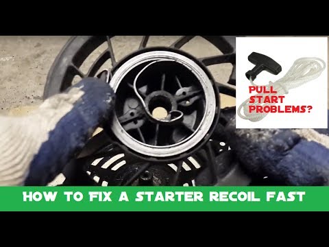 How to fix a pull starter recoil spring and replace a stuck or limp pull cord