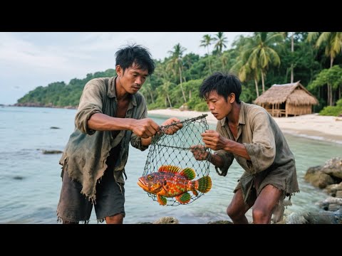 在荒島用破鐵網打造捕魚陷阱,潛水抓到又醜又笨的石頭魚,還釣到小鯊魚真的太幸運了【探索兄弟】