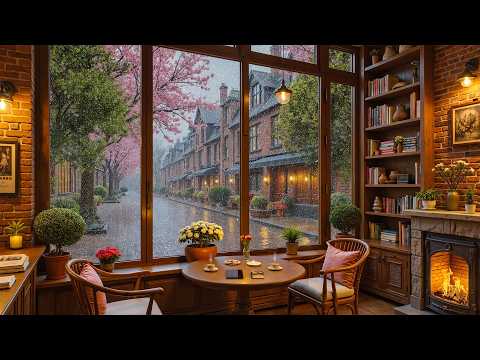 Relaxing Spring Rain Coffee Shop ☕ Soft Jazz Piano & Fireplace Sounds for Relax & Focus