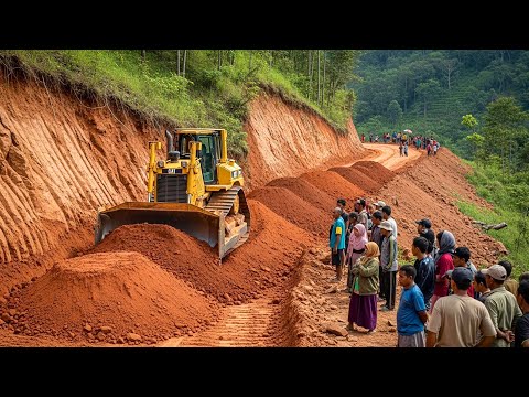 Cutting Technique! Powerful Bulldozer Cutting Steep Mountain Road Through Thick Red Soil and Rocky