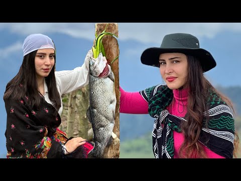 Cooking in a forest hut with fresh fish and vegetables!