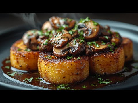 Crispy polenta patties with mushroom ragout – a vegan recipe that EVERYONE loves 🍄✨