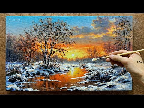 Draw a winter sunset landscape /#82/ Painting of a snowy winter landscape / Acrylic painting.