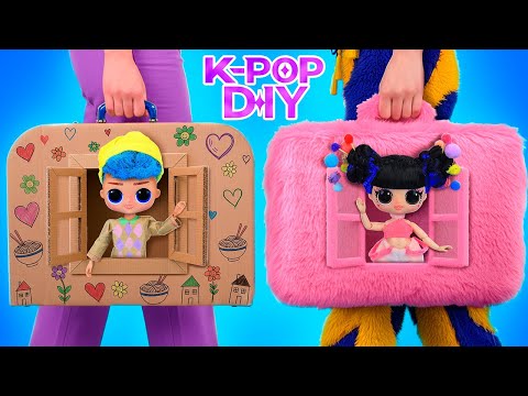 K-Pop Suitcase Doll House Makeover! Cardboard and Fluffy DIYs for Dolls