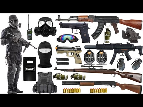 Special Forces military toy gun set unboxing, AWM sniper rifle, AKS-74U automatic rifle, Colt M1991