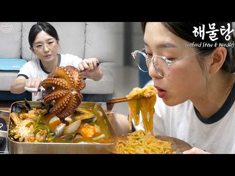 Real Mukbang:) Korean Seafood Stew with Huge Octopus ☆ Noodles, Soju