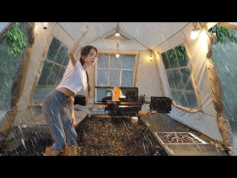 Solo camping in torn and broken tent in pouring heavy rain ASMR