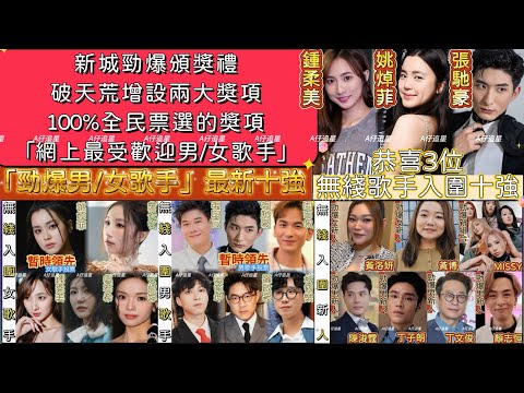 【A仔追星】新城「勁爆男/女歌手」最新十強公佈，恭喜3位無綫歌手姚焯菲鍾柔美張馳豪入圍十強名單/新城增設「網上最受歡迎男/女歌手」獎項，百分百全民票選，無論歌手有否派歌，只要大家投票，歌手就機會得獎！
