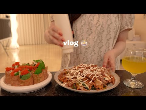 Vlog | A homebody's summer meals 🍽️ Bracken pasta, melon salad, spicy udon & milk bingsu dessert