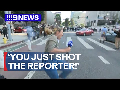LA Protests: Reporter shot with rubber bullet LIVE on TV | 9 News Australia
