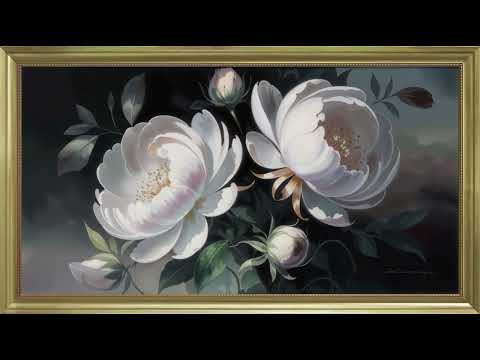 Vintage White Peonies Painting | Gold Frame TV Art | Art Screensaver for TV | 1 Scene - 2 Hrs