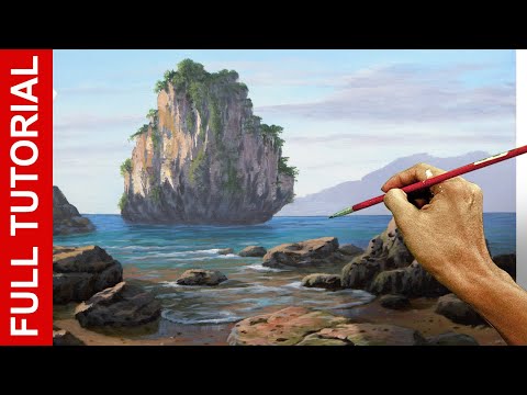 Tutorial : Acrylic Painting Beach with Lonely Island and Big Rocks | JMLisondra