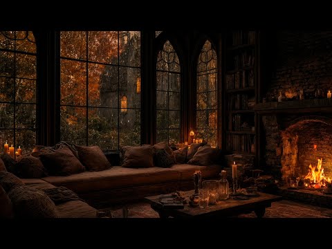 Cozy Autumn Rain Outside the Window (No Ads) Heavy Rain and Warm Fireplace Sounds for Sleep & Relax