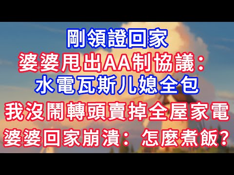 剛領證回家，婆婆甩出AA制協議：水電瓦斯媳婦全包。我沒鬧轉頭賣掉全屋家電，婆婆回家後崩潰：怎麼煮飯？！#為人處世#生活經驗#情感故事#故事#小說#戀愛#情感#婚姻