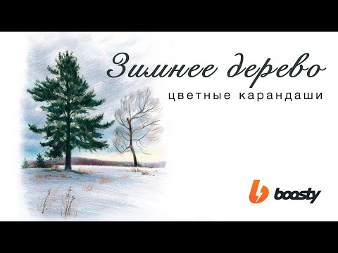 Зимнее дерево цветными карандашами / Урок Boosty