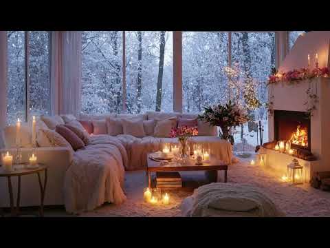 ❄️ Gentle Winter Piano Lounge | White Room Warm Fire & Snow Outside 🎹 4 Hours | Calm Focus Study