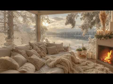 Warm Balcony by the Lake❄️ Soft Piano,Falling Snow & Warm Fireplace for Relaxing