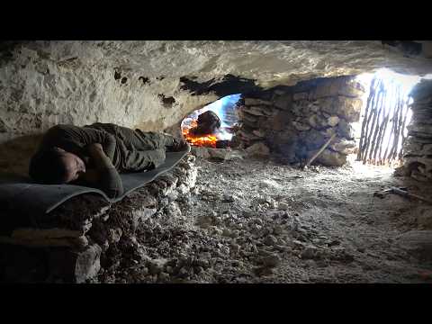 I MADE a CAVE by CARVING the ROCK with FIRE using PRIMITIVE METHODS | DIY Project, Winter camping
