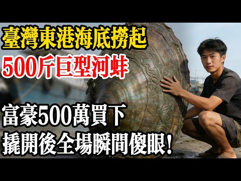 台湾东港海底捞起500斤巨型河蚌!富豪花500萬買下，撬開那一刻全場瞬間愣住!