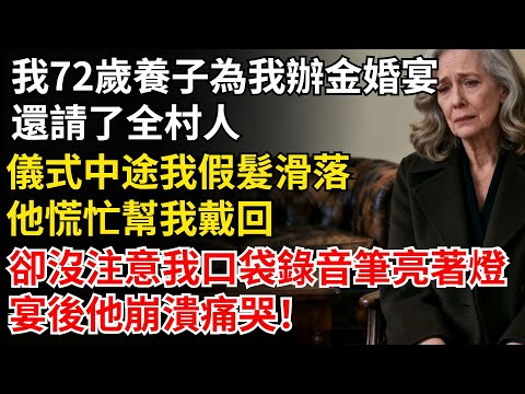 我72歲養子説要為我辦金婚宴，還請了全村人！儀式中途我假髮滑落，他慌忙幫我戴回，卻沒注意我口袋錄音筆亮著紅燈……#家庭故事#老年生活#婚姻#情感故事#晚年