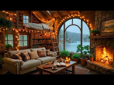 Rainy Jazz in Cabin Ambience | Fireplace, Rain Sounds & Smooth Jazz Music for Stress Relief
