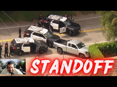 Police Chase NOW STANDOFF. Barricade inside CAR. HIT AND RUN. Live.