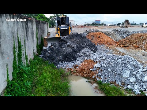Amazing Landfill Task Using Shantui DH17C3 Dozer Push Stone into Flood Block with Dump Truck