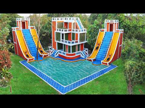 [ Full ]Build Twin Water Slide Park To Swimming Pool With Beautiful 3-Story Villa Design In Forest