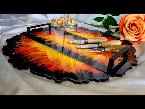 #1123 Amazing Flame Fire Effects In This Huge Resin Tray And Coaster Set