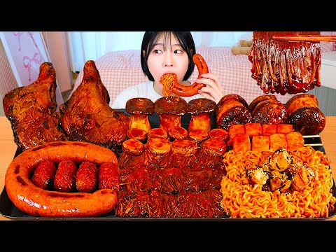 ASMR MUKBANG| Fire spicy Enoki Mushrooms, Fire Noodles, Seasoned Chicken, Kielbasa Sausage.