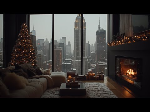 A Cozy Christmas Night From A New York City Skyrise🎄 Snowfall Winter Ambience & Crackling Fireplace