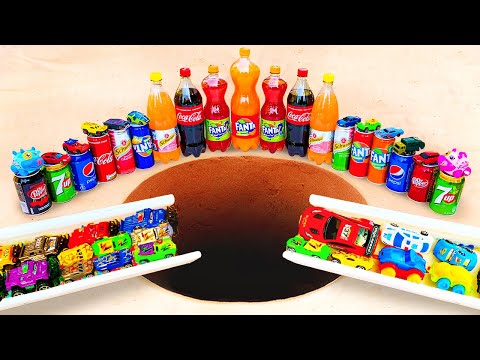 Racing Cars vs Trucks and Slide - Experiment: Coca Cola, Fanta, Mirinda, Pepsi vs Mentos Underground