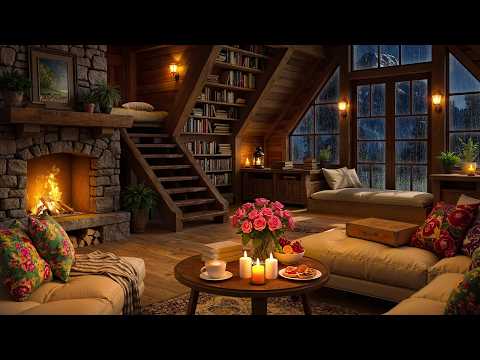 Peaceful Loft Cabin Ambience 🌧️ Slow Jazz Piano & Warm Fireplace Sounds for Calm Nights