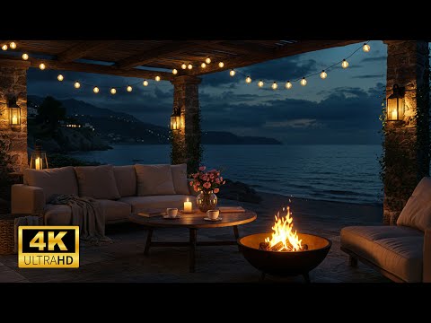 Warm Fire by the Beach Resort & Calm Waves | Relaxing Sounds for Deep Sleep | Fireplace 4K