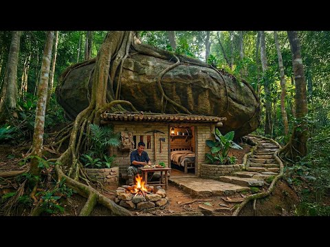 Build a Warm and Comfortable Wooden House Under a Large Rock. Bushcraft Survival