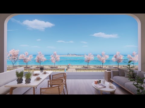 Peaceful Cherry Blossom Beach Ambience | Distant Wave, Seagull, Cafe Sounds, White Noise