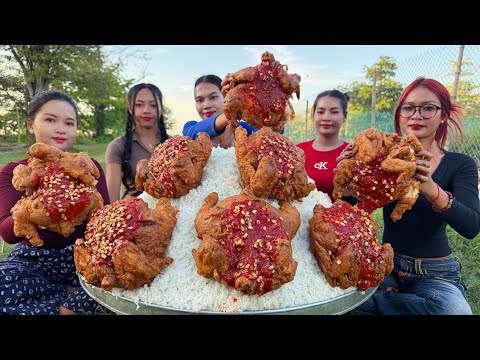 Amazing cooking chicken crispy with peanut and tomato sauce with rice in my countryside