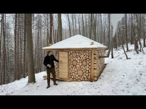 Building a Warm and Cozy Wooden House from Fallen Trees in the Forest, Bushcraft Shelter