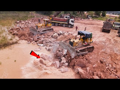 Large Stone Filling Up Project!  Hard Work For Bulldozers Push Most Stone Into Water With Dump Truck